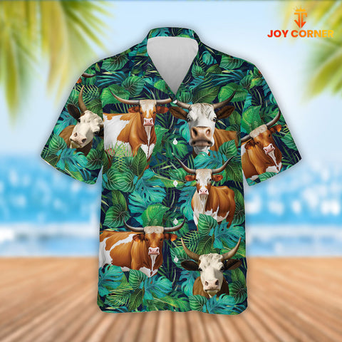 Joy Corners Texas Longhorn Cattle Tropical Leaves Hawaiian Shirt