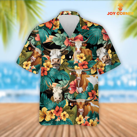 Joy Corners Texas Longhorn Cattle Tropical Flowers Hawaiian Shirt