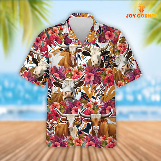 Joy Corners Texas Longhorn Cattle Red Hibicus Flowers Hawaiian Shirt