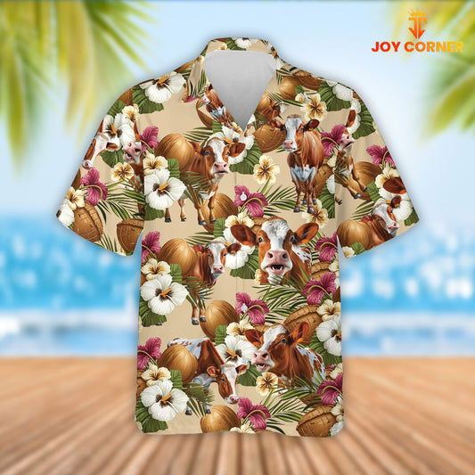 Joy Corners Ayrshire Cattle Coconut Tropical Flowers Hawaiian Shirt