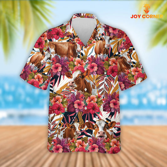 Joy Corners Ayrshire Cattle Red Hibicus Flowers Hawaiian Shirt