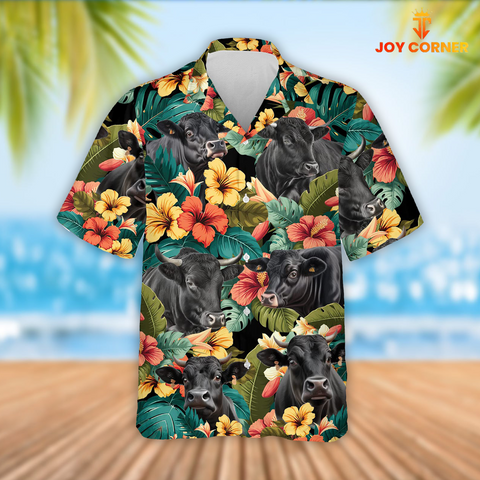 Joy Corners Black Angus Cattle Tropical Flowers Hawaiian Shirt