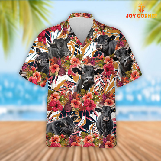 Joy Corners Black Angus Cattle Red Hibicus Flowers Hawaiian Shirt