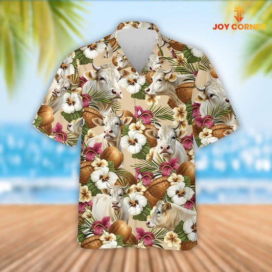 Joy Corners Charolais Cattle Coconut Tropical Flowers Hawaiian Shirt