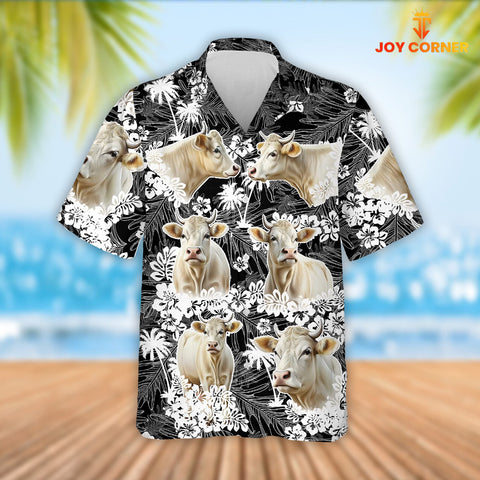 Joy Corners Charolais Cattle Palm Tree Pattern Hawaiian Shirt