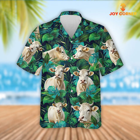 Joy Corners Charolais Cattle Tropical Leaves Hawaiian Shirt