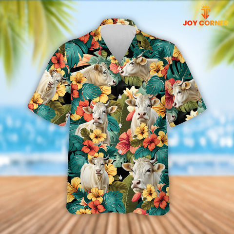 Joy Corners Charolais Cattle Tropical Flowers Hawaiian Shirt