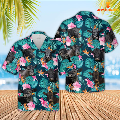 Joy Corners Black Angus Cattle Palm Leaves Pattern Hawaiian Shirt