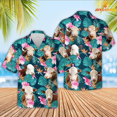 Joy Corners Hereford Cattle Palm Leaves Pattern Hawaiian Shirt