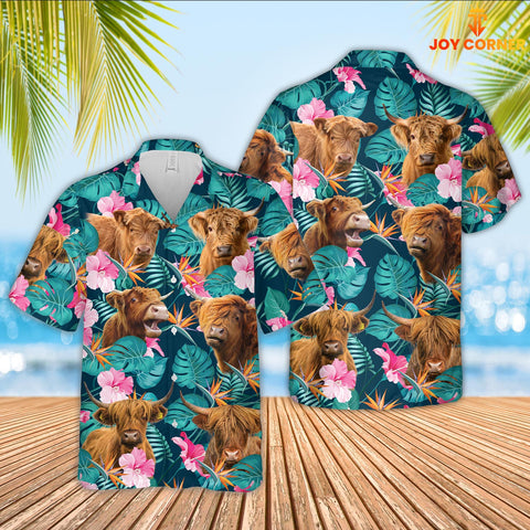 Joy Corners Highland Cattle Palm Leaves Pattern Hawaiian Shirt
