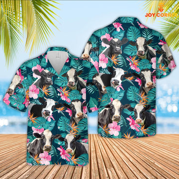 Joy Corners Holstein Cattle Palm Leaves Pattern Hawaiian Shirt