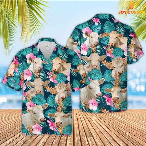 Joy Corners Charolais Cattle Palm Leaves Pattern Hawaiian Shirt