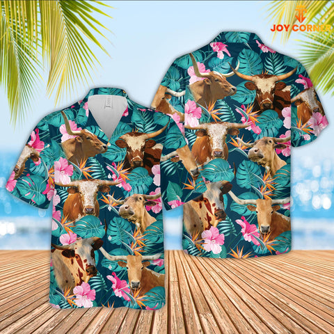 Joy Corners Texas Longhorn Palm Leaves Pattern Hawaiian Shirt