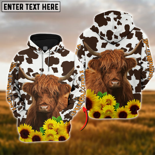 Joycorners Farm Highland Cattle Sunflower Pattern Customize Name 3D Shirts