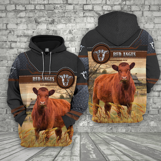 Joycorners Farm Red Angus Black Leather Pattern 3D Printed Shirts