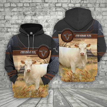 Joycorners Farm Charolais Cattle Black Leather Pattern 3D Printed Shirts