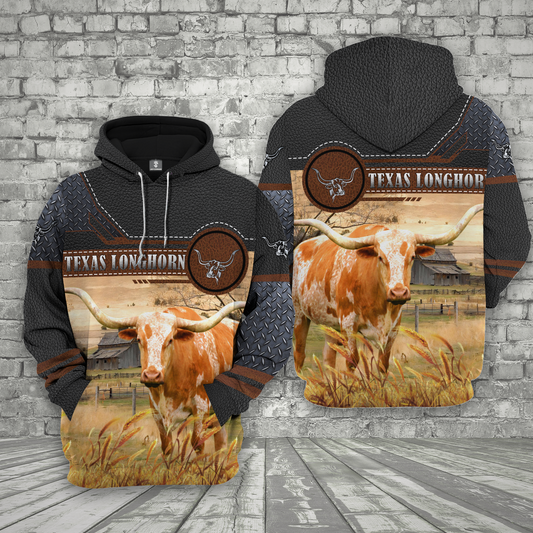 Joycorners Farm Texas Longhorn Black Leather Pattern 3D Printed Shirts