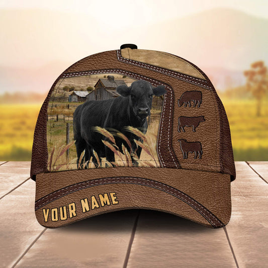 Joycorners Black Angus Customized Name Brown Leather Pattern Cap