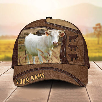 Joycorners Charolais Customized Name Brown Leather Pattern Cap