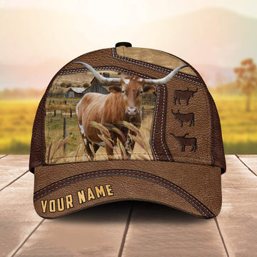 Joycorners Texas Longhorn Customized Name Brown Leather Pattern Cap