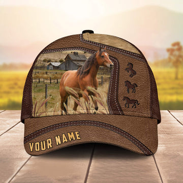 Joycorners Horse Customized Name Brown Leather Pattern Cap