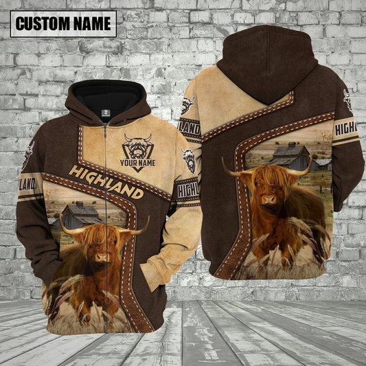 Joycorners Farm Highland Cattle Brown Leather Pattern Custom Name 3D Shirts