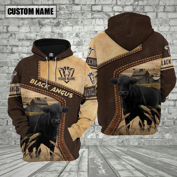Joycorners Farm Black Angus Brown Leather Pattern Custom Name 3D Shirts