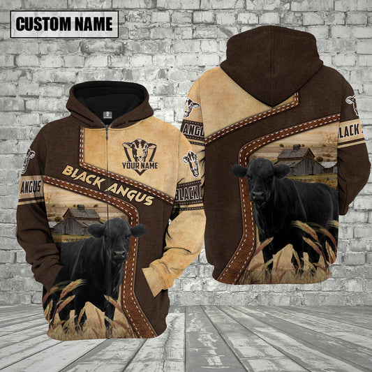 Joycorners Farm Black Angus Brown Leather Pattern Custom Name 3D Shirts