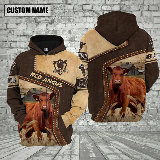 Joycorners Farm Red Angus Brown Leather Pattern Custom Name 3D Shirts