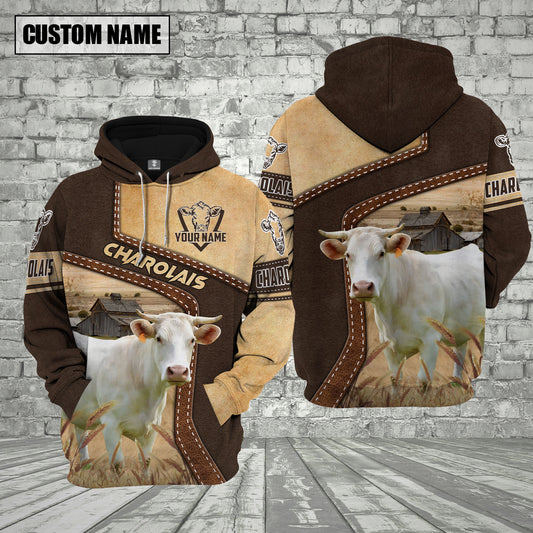 Joycorners Farm Charolais Brown Leather Pattern Custom Name 3D Shirts