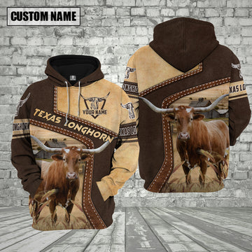 Joycorners Farm Texas Longhorn Brown Leather Pattern Custom Name 3D Shirts