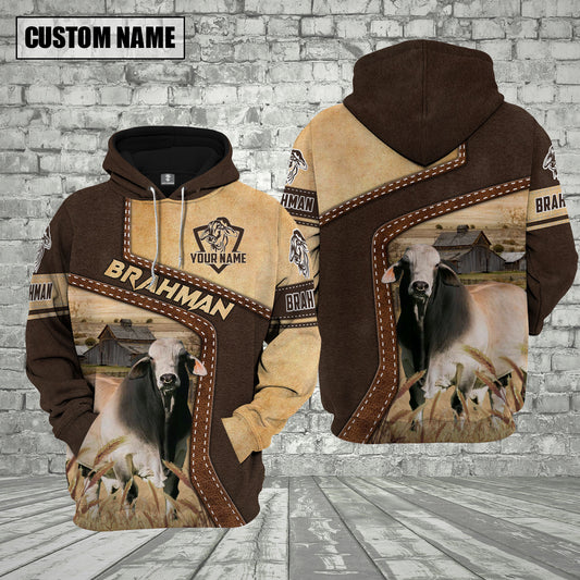 Joycorners Farm Brahman Cattle Brown Leather Pattern Custom Name 3D Shirts