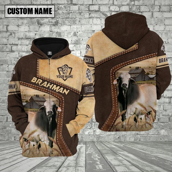 Joycorners Farm Brahman Cattle Brown Leather Pattern Custom Name 3D Shirts