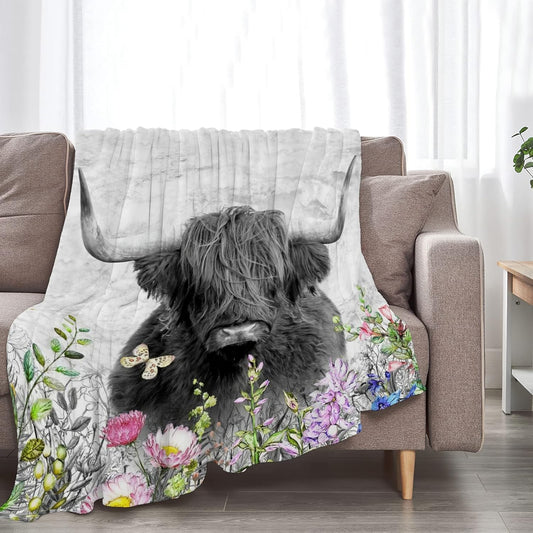 Joy Corners Black Highland Cattle Flower Pattern Blanket