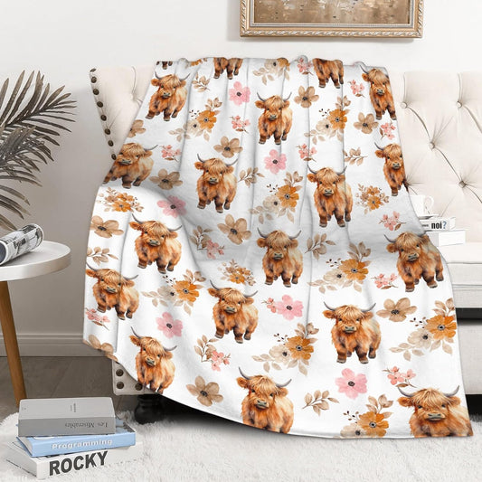 Joy Corners Highland Cattle Flowers Pattern Blanket
