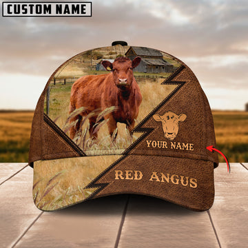 Joycorners Red Angus Customized Name Brown Leather Pattern Cap