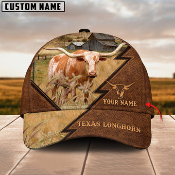 Joycorners Texas Longhorn Customized Name Brown Leather Pattern Cap