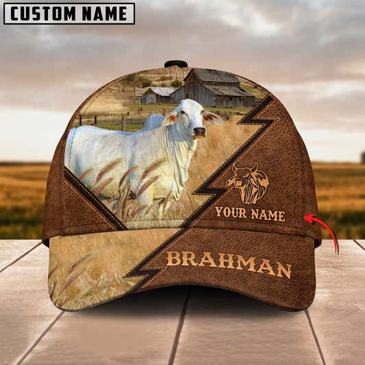 Joycorners Brahman Cattle Customized Name Brown Leather Pattern Cap