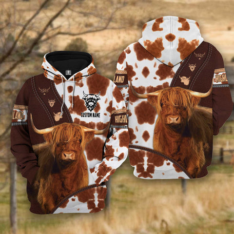 Joycorners Farm Highland Cattle Brown Leather Pattern Custom Name 3D Shirts