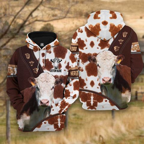 Joycorners Farm Hereford Cattle Brown Leather Pattern Custom Name 3D Shirts