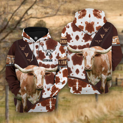 Joycorners Farm Texas Longhorn Brown Leather Pattern Custom Name 3D Shirts
