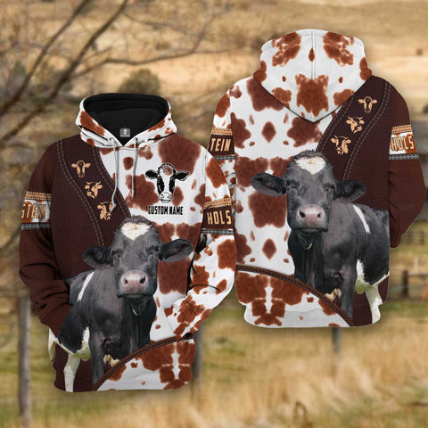 Joycorners Farm Holstein Cattle Brown Leather Pattern Custom Name 3D Shirts
