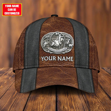 Joycorners Rodeo - Bull Riding Personalized Name Brown Leather Pattern Cap