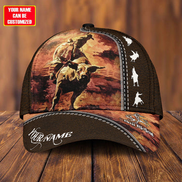 Joycorners Rodeo - Bull Riding Personalized Name Brown Leather Pattern Cap