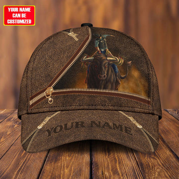Joycorners Rodeo - Bull Riding Personalized Name Brown Leather Pattern Cap