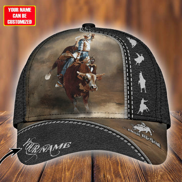 Joycorners Rodeo - Bull Riding Personalized Name Black Leather Pattern Cap