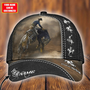 Joycorners Rodeo - Bull Riding Personalized Name Black Leather Pattern Cap