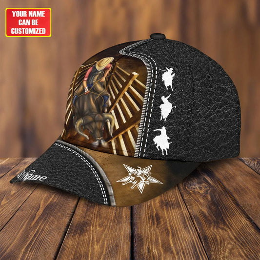 Joycorners Rodeo - Bull Riding Personalized Name Black Leather Pattern Cap