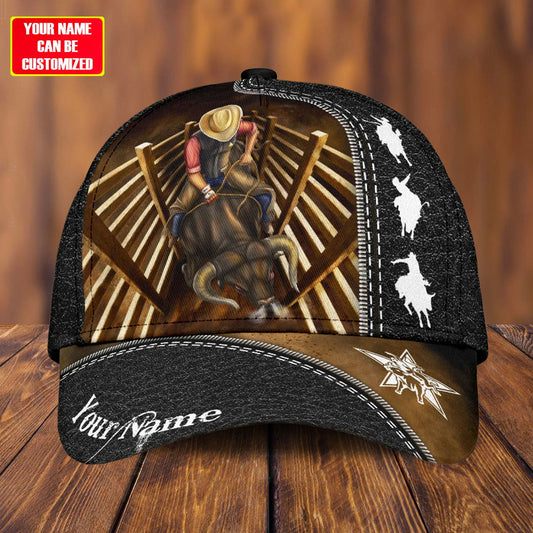 Joycorners Rodeo - Bull Riding Personalized Name Black Leather Pattern Cap