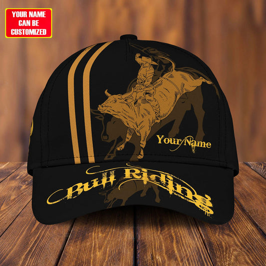 Joycorners Rodeo - Bull Riding Personalized Name Black Gold Cap